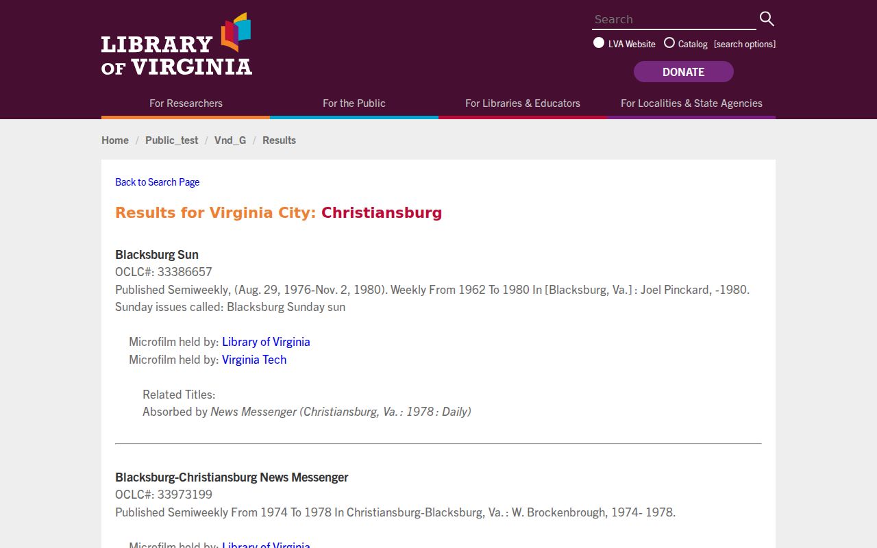 Christiansburg city directory newspaper-title catalog at the Library of Virginia