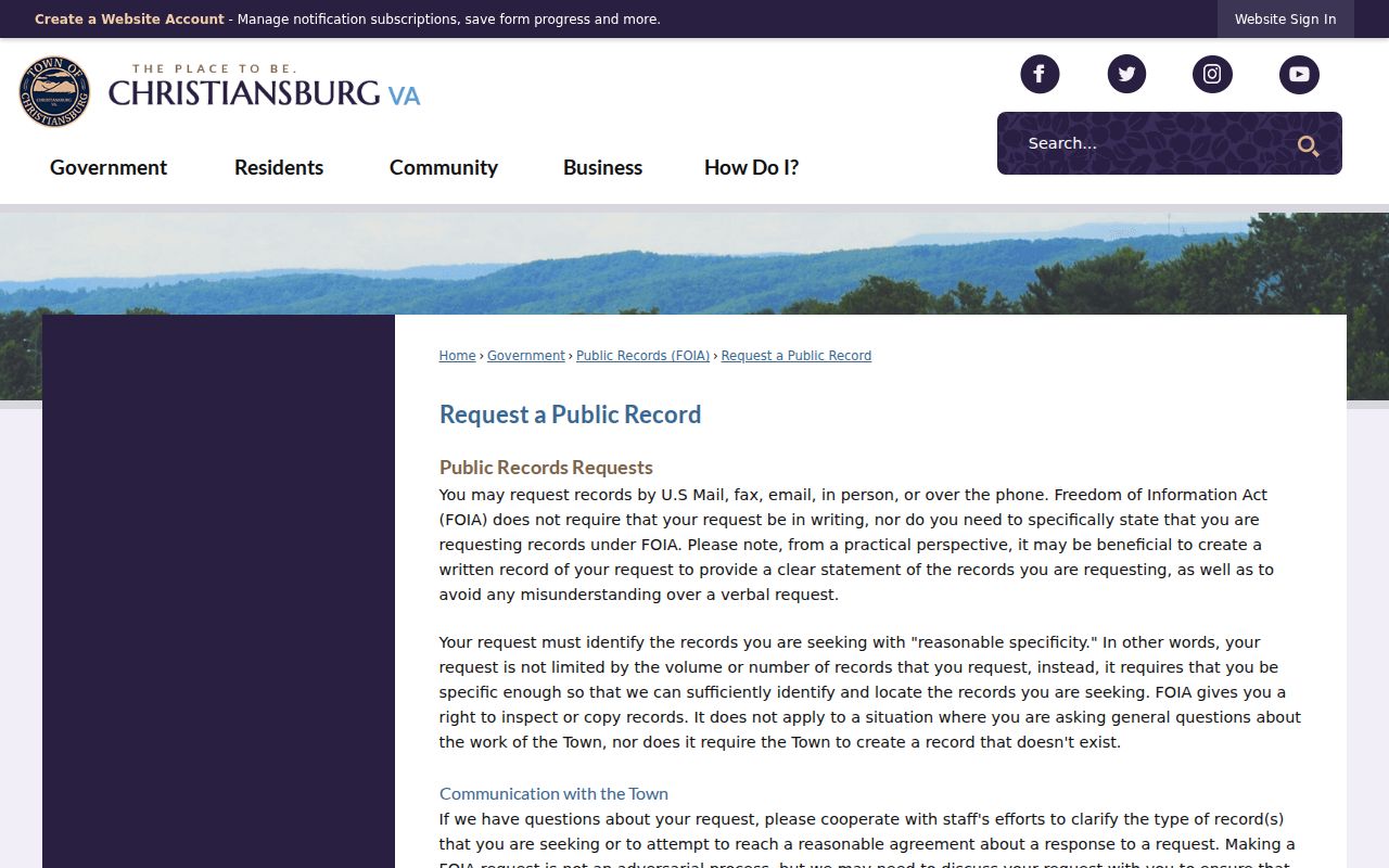 Christiansburg residents directory Town public records request information