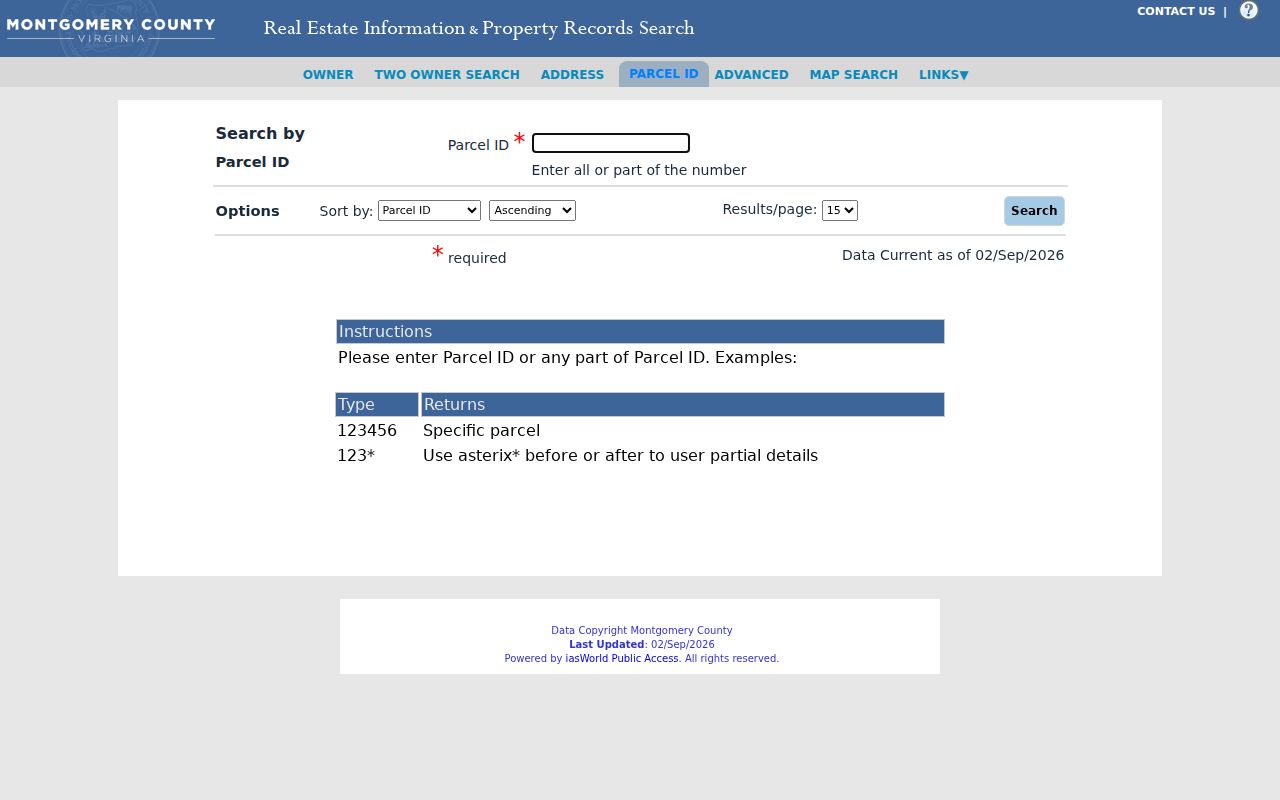 Christiansburg neighbors Montgomery County parcel ID property search screen